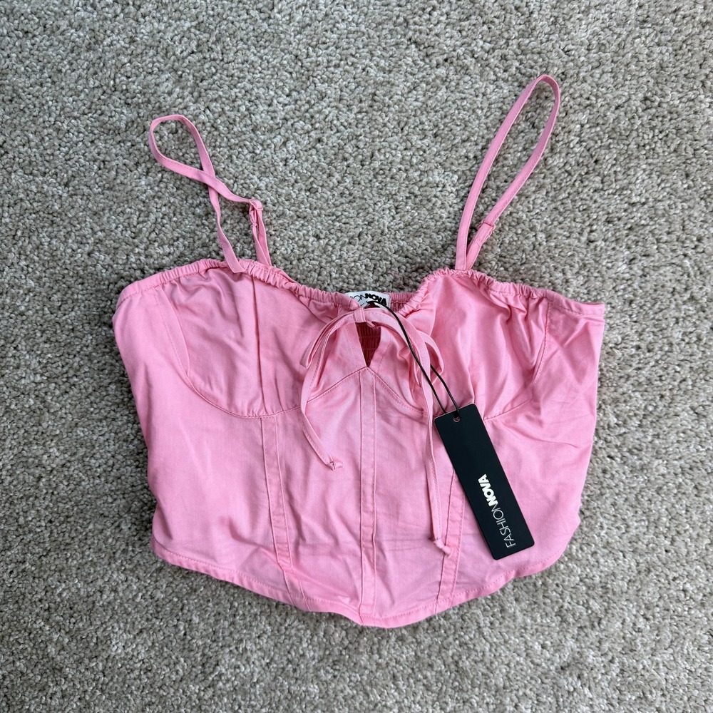 Fashion Nova Tank Top Womens XS Pink Araya Poplin Corset Crop Cami Strappy